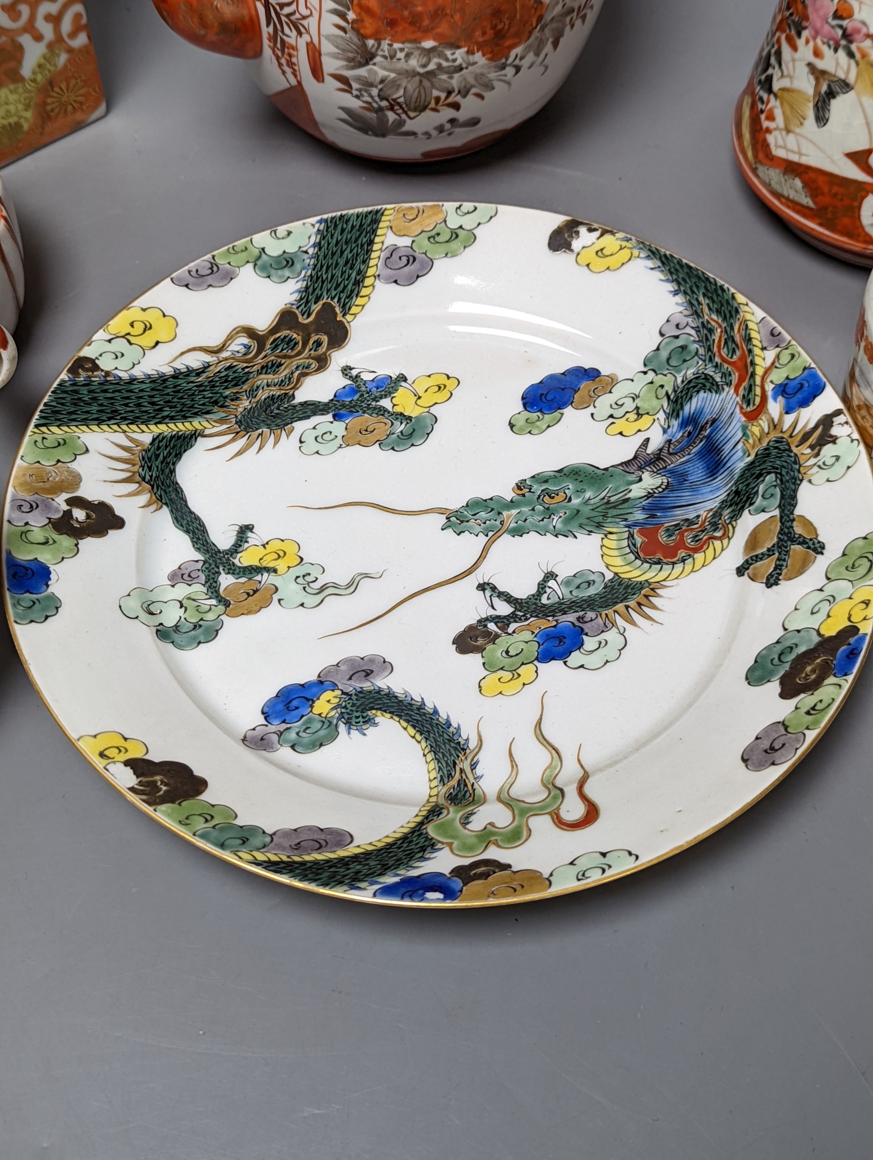 A collection of Japanese kutani and a Japanese porcelain ‘dragon’ plate, 20.5cm